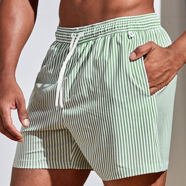 Swim Shorts Vertical Stripe Elastic Drawstring Waist & Side Pockets