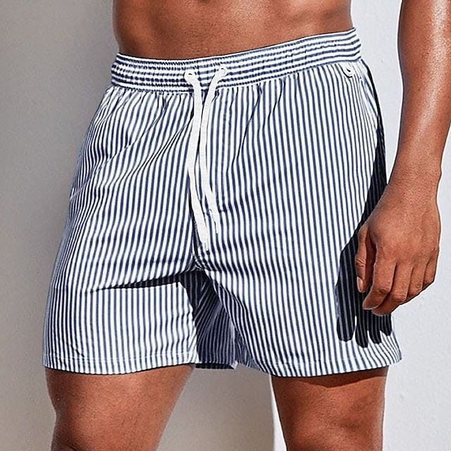 Swim Shorts Vertical Stripe Elastic Drawstring Waist & Side Pockets