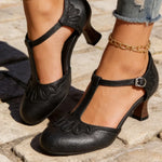 T-Strap Pumps Adjustable Buckle Mid-Height Block Heel Vintage Style