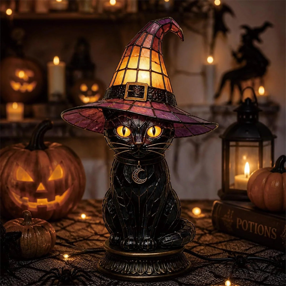 Table Lamp Black Cat Stained Glass Style Witch Hat Shade