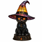 Table Lamp Black Cat Stained Glass Style Witch Hat Shade