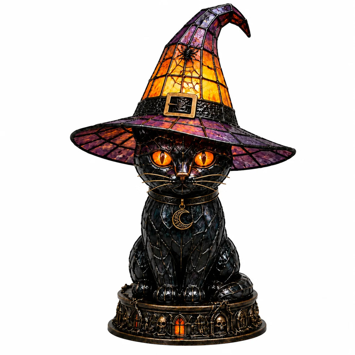 Table Lamp Black Cat Stained Glass Style Witch Hat Shade