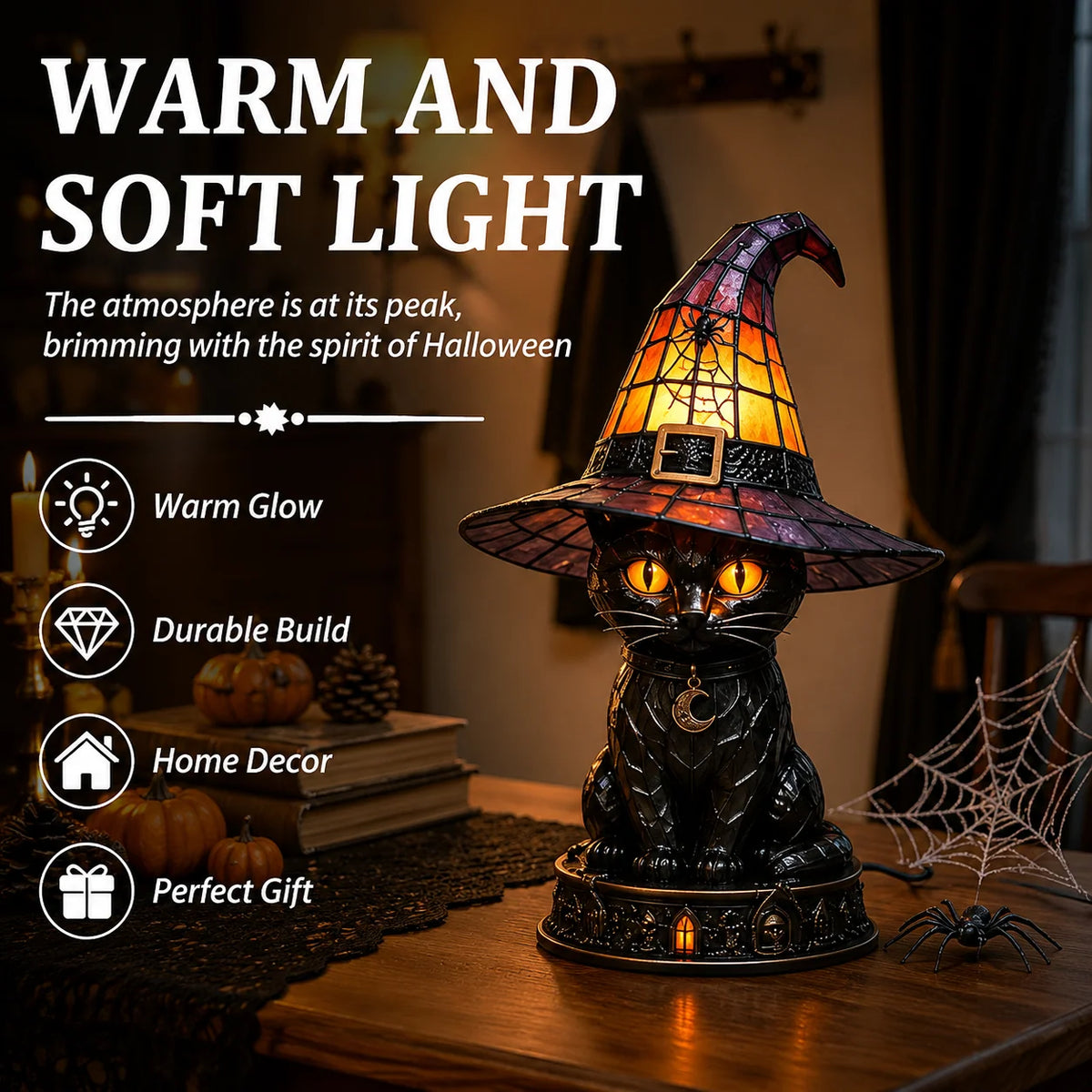 Table Lamp Black Cat Stained Glass Style Witch Hat Shade