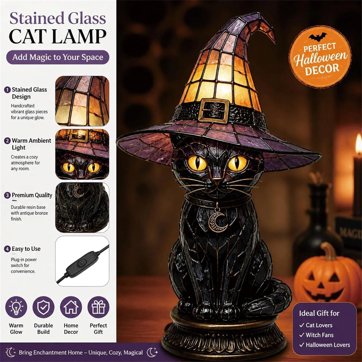 Table Lamp Black Cat Stained Glass Style Witch Hat Shade