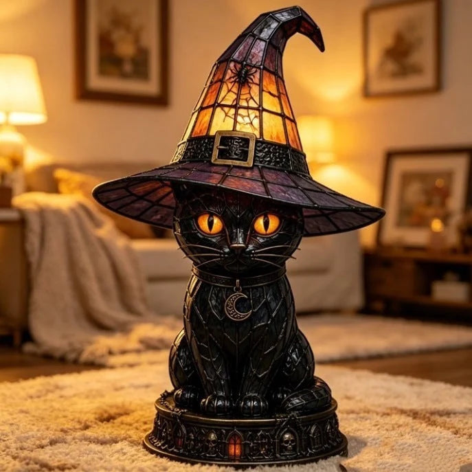 Table Lamp Black Cat Stained Glass Style Witch Hat Shade