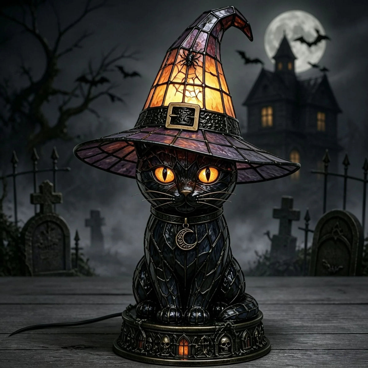 Table Lamp Black Cat Stained Glass Style Witch Hat Shade