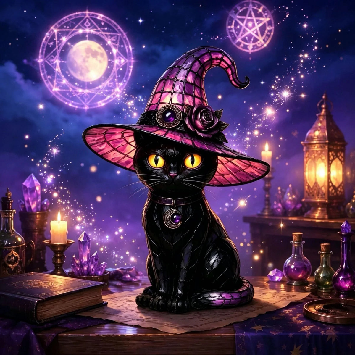 Table Lamp Black Cat Stained Glass Style Witch Hat Shade