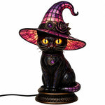 Table Lamp Black Cat Stained Glass Style Witch Hat Shade