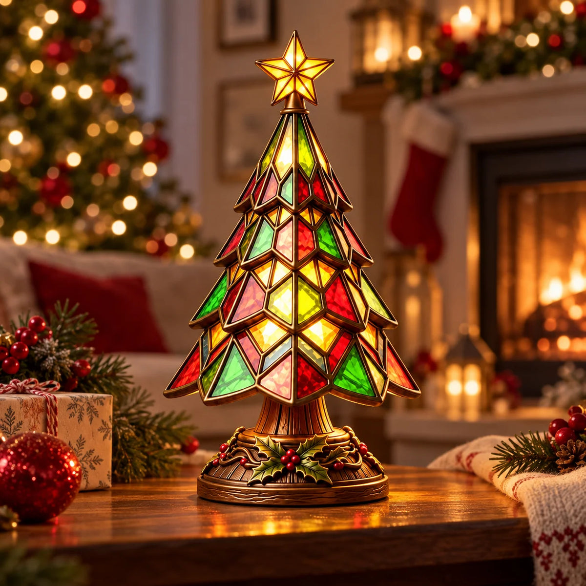 Table Lamp Christmas Tree Glass Art Colorful Glow
