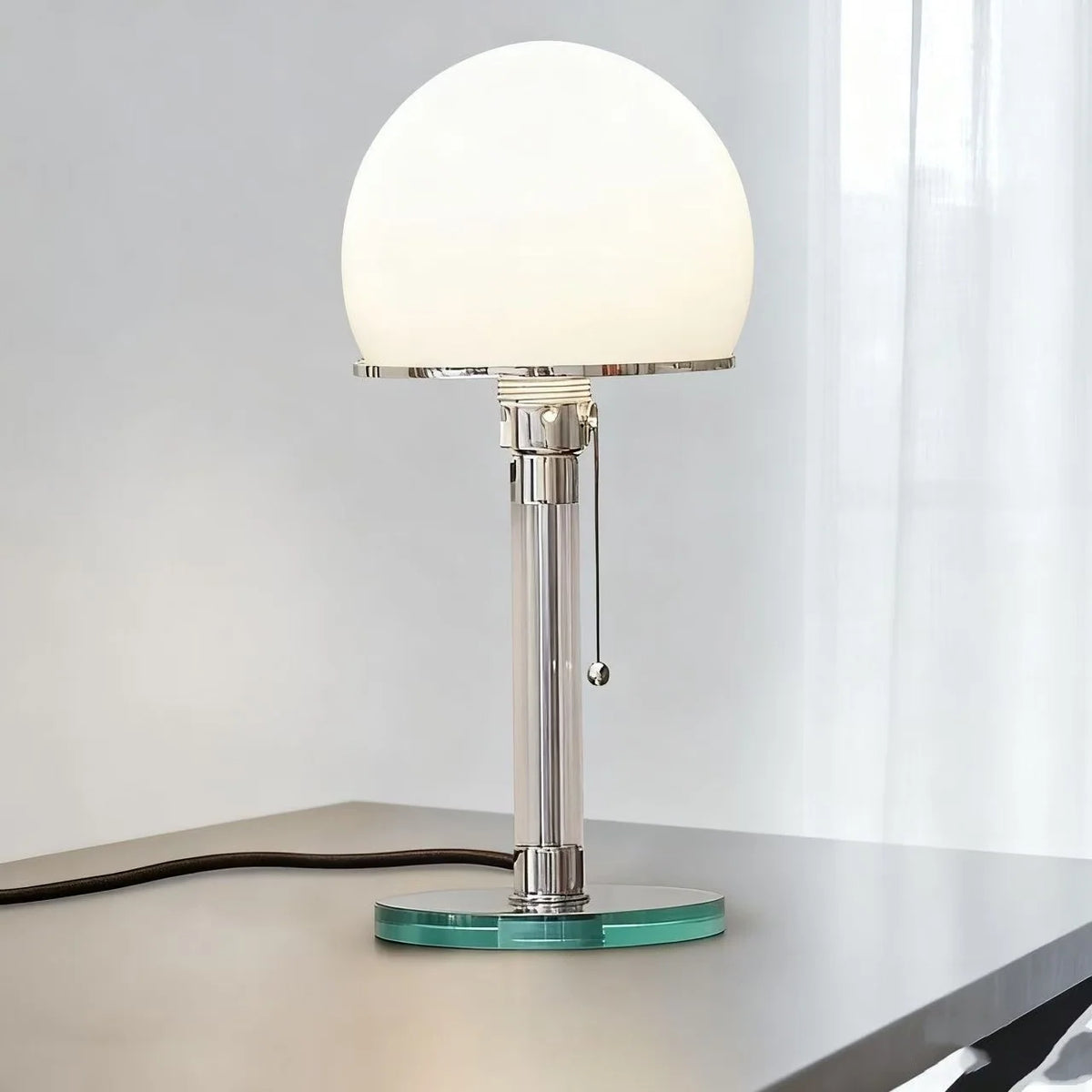 Table Lamp Frosted Glass Shade Adjustable Height Pull Chain Control