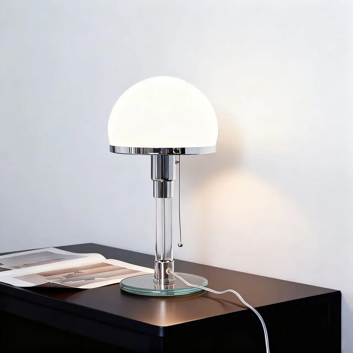 Table Lamp Frosted Glass Shade Adjustable Height Pull Chain Control