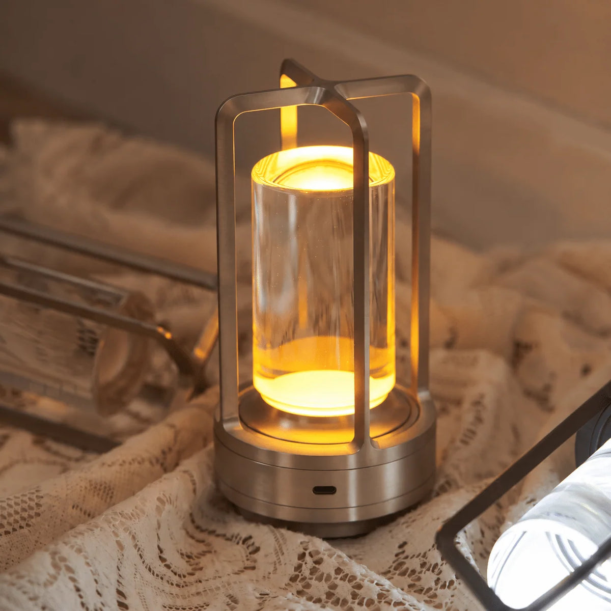 Table Lamp Lantern Cage Design Cordless Rechargeable Touch Control