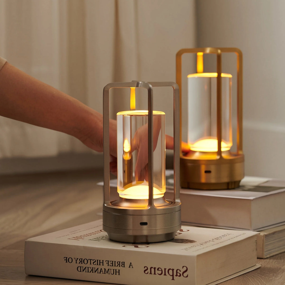 Table Lamp Lantern Cage Design Cordless Rechargeable Touch Control