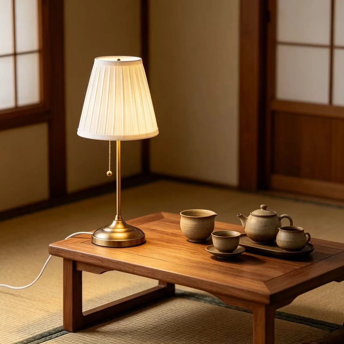 Table Lamp Pleated Shade Pull Chain Switch Weighted Base