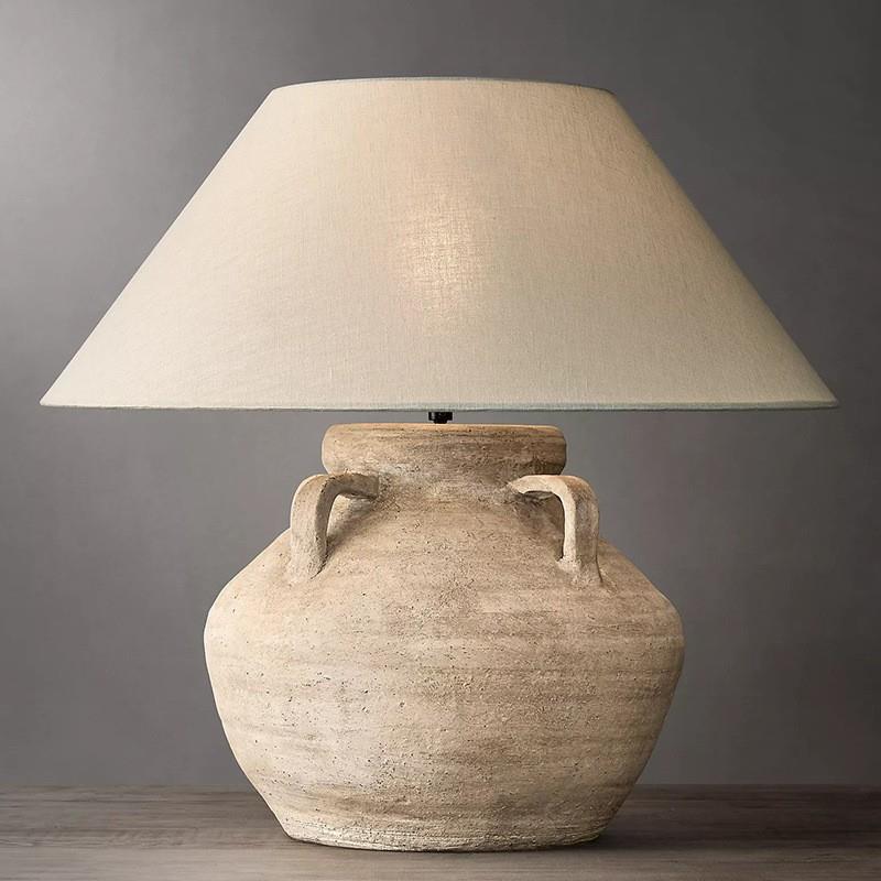 Table Lamp Rustic Pottery Base Cream Fabric Shade