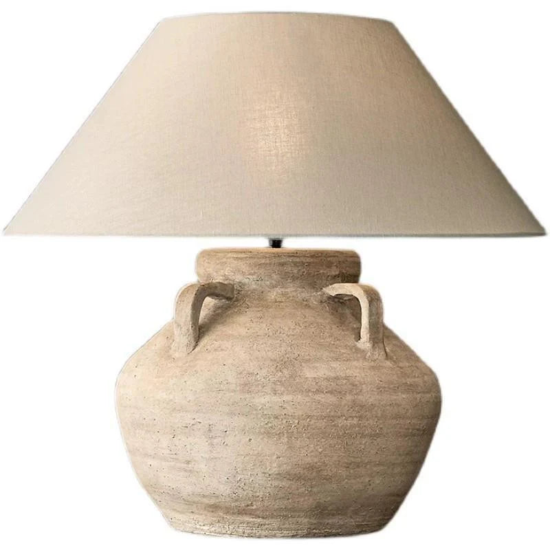 Table Lamp Rustic Pottery Base Cream Fabric Shade