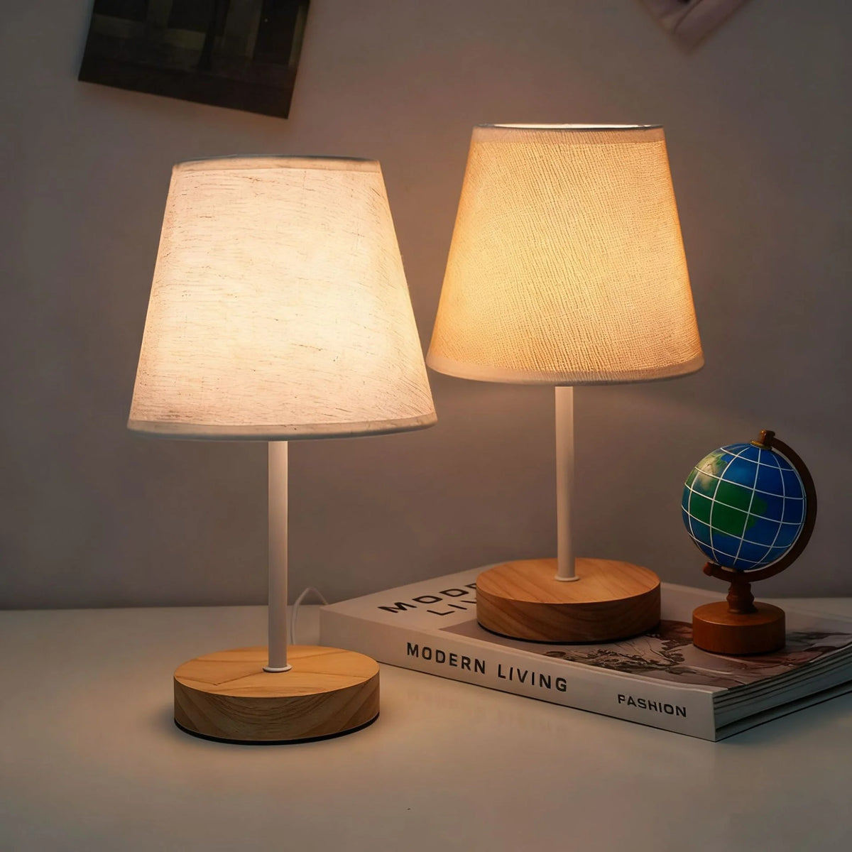 Table Lamp Wooden Base Textured Shade USB-Powered