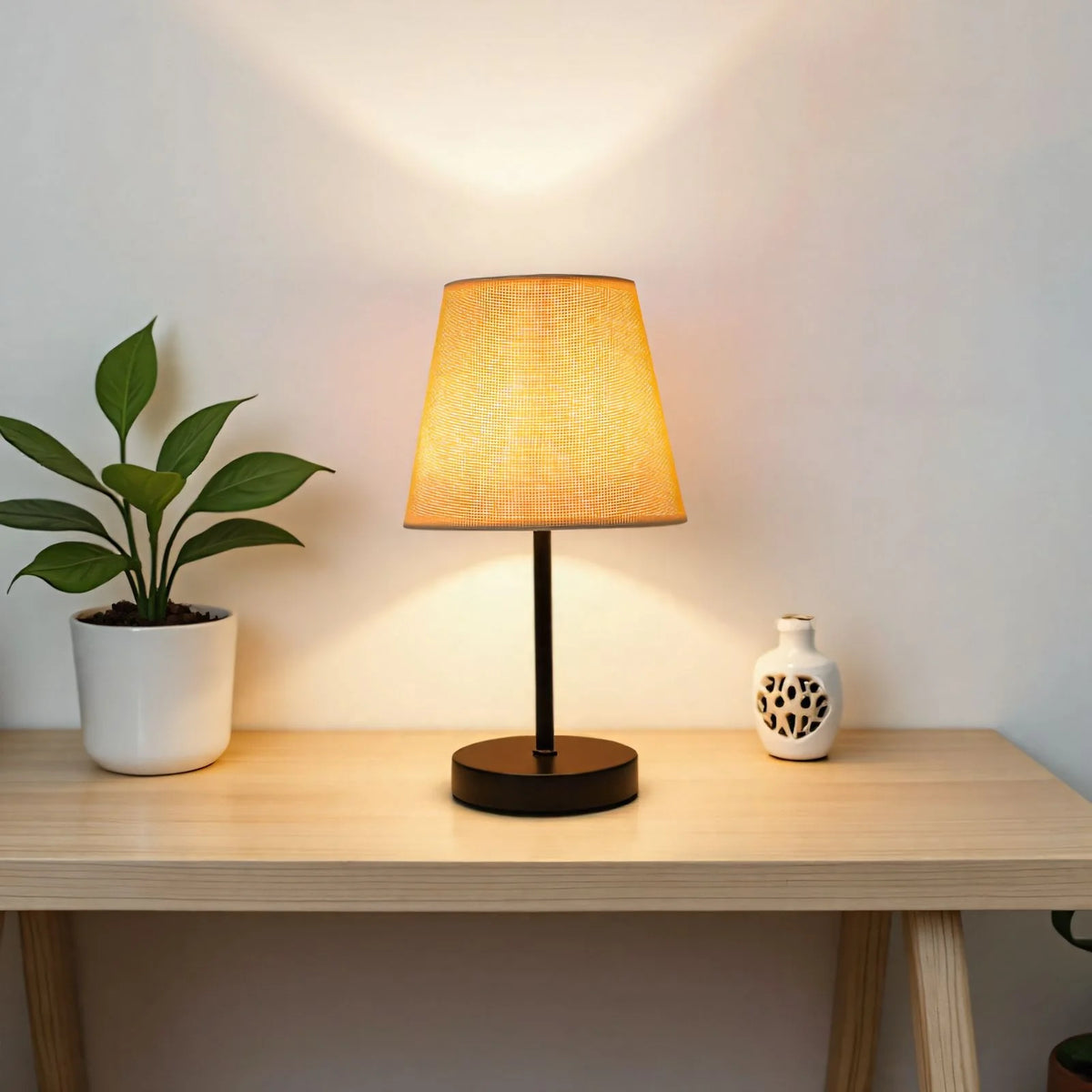 Table Lamp Wooden Base Textured Shade USB-Powered