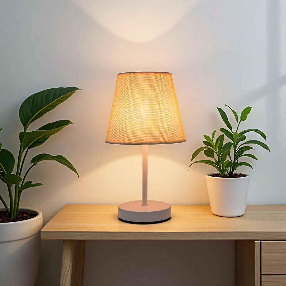 Table Lamp Wooden Base Textured Shade USB-Powered