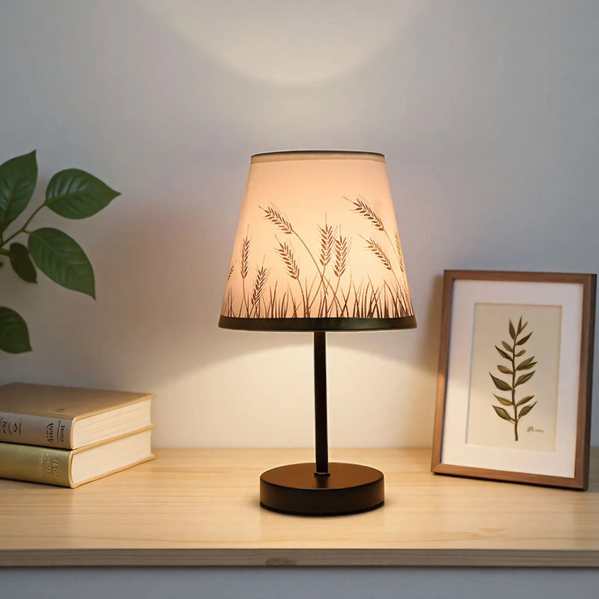 Table Lamp Wooden Base Textured Shade USB-Powered