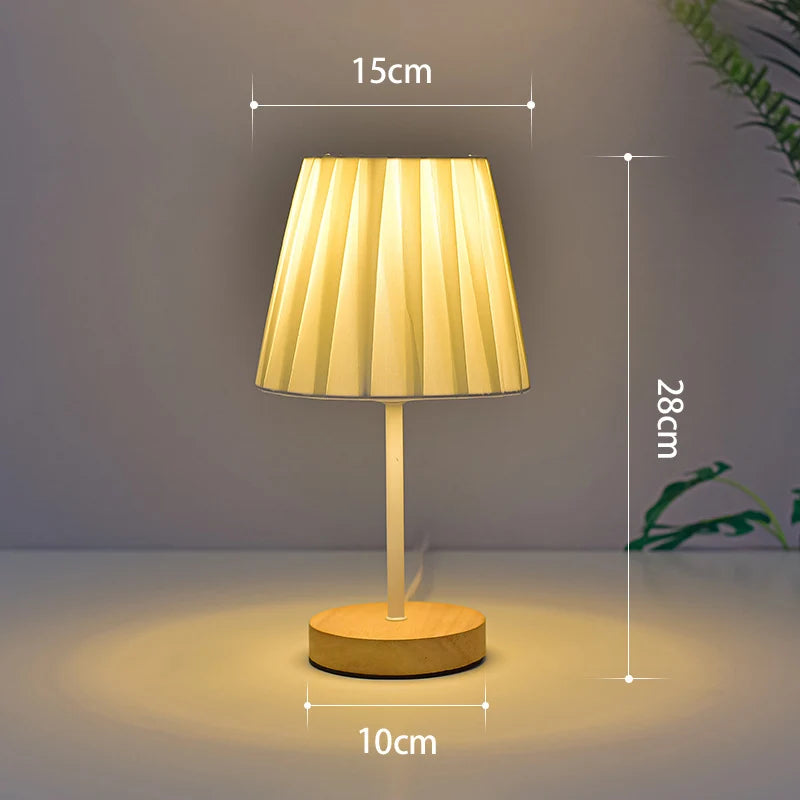 Table Lamp Wooden Base Textured Shade USB-Powered