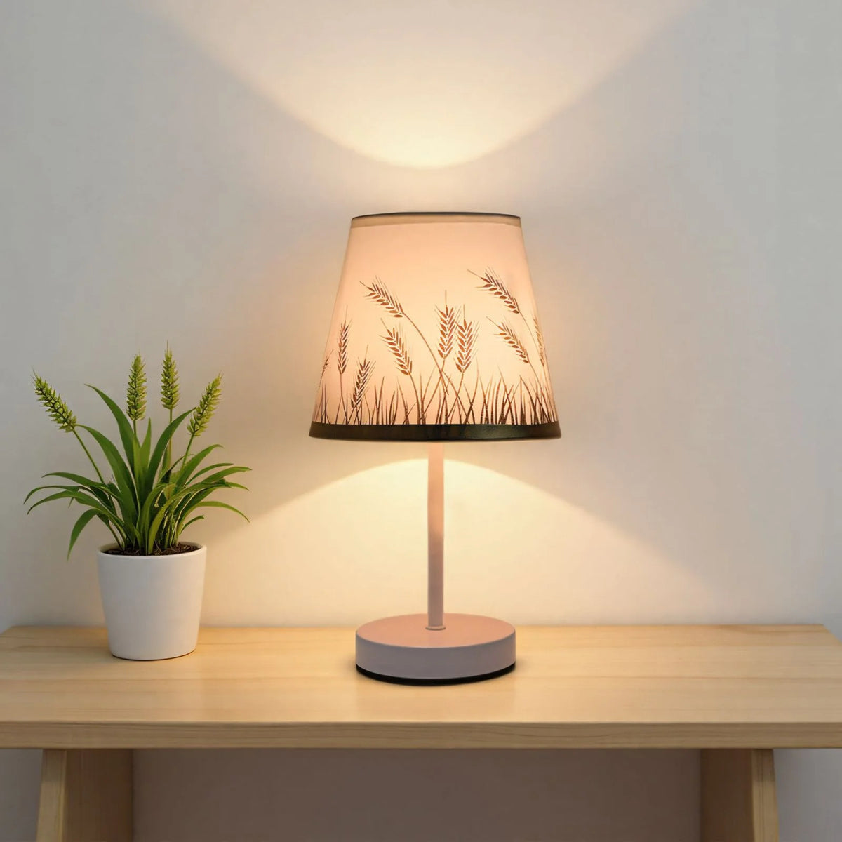 Table Lamp Wooden Base Textured Shade USB-Powered