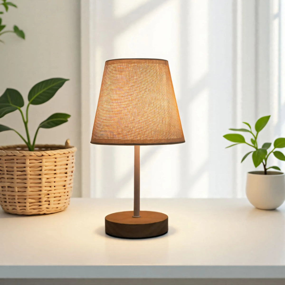 Table Lamp Wooden Base Textured Shade USB-Powered