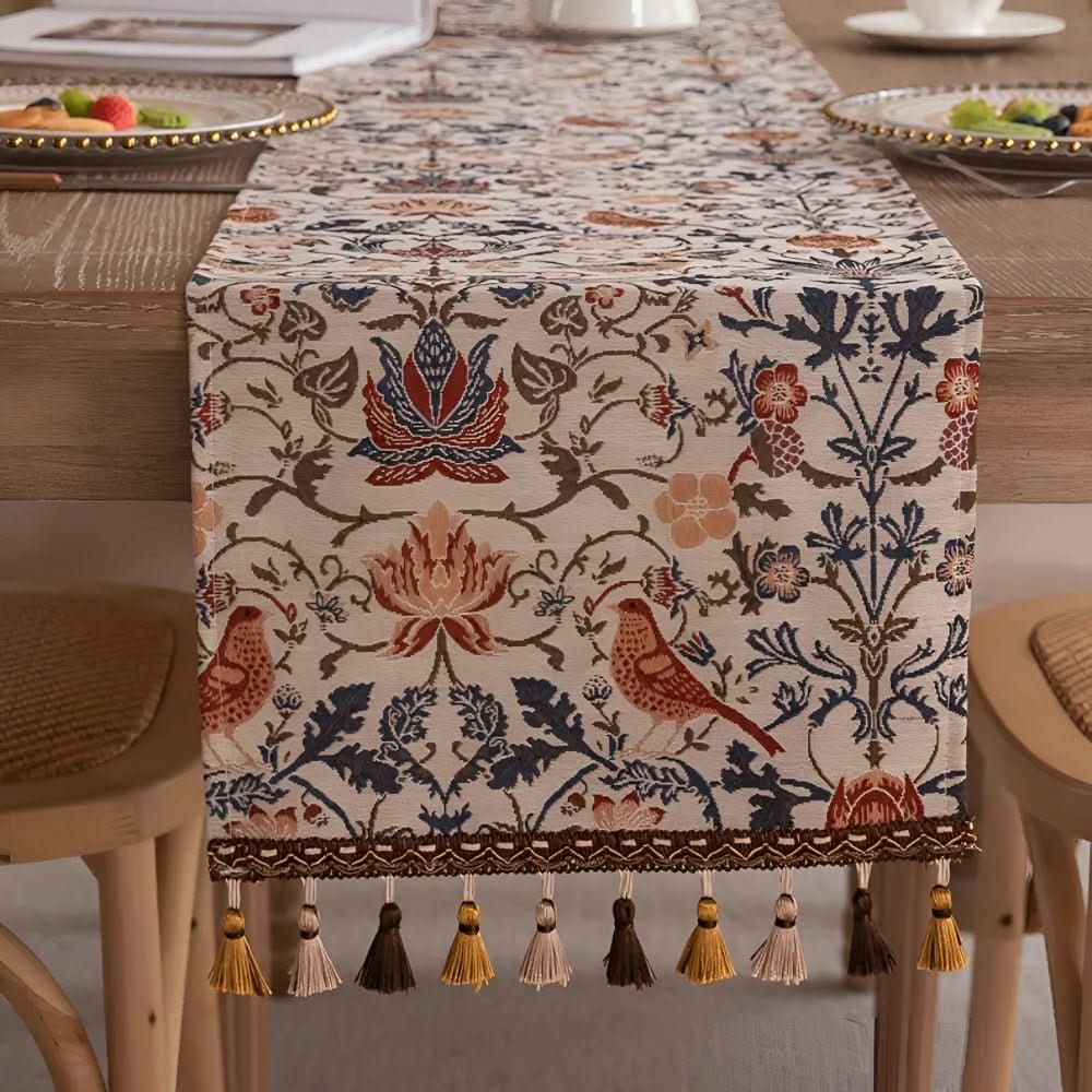 Table Runner Floral Bird Jacquard With Fringed Edges