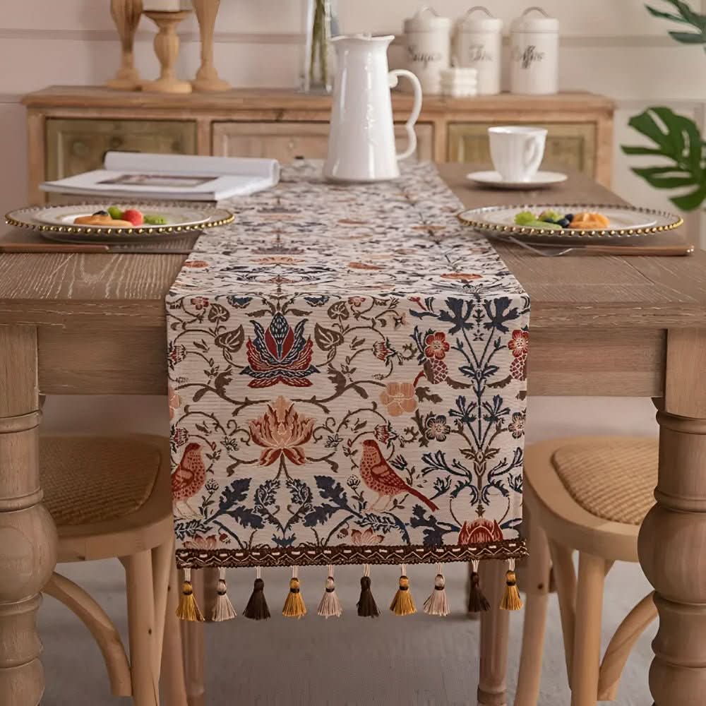 Table Runner Floral Bird Jacquard With Fringed Edges