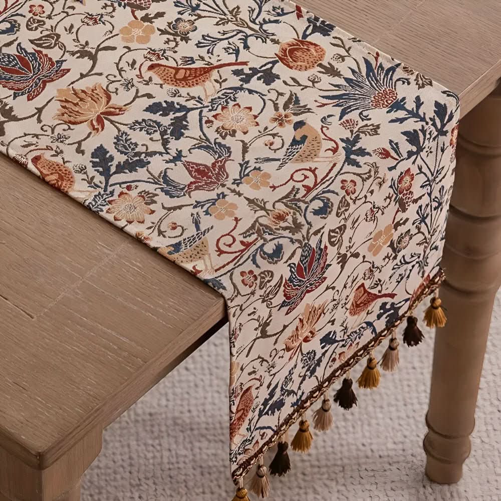 Table Runner Floral Bird Jacquard With Fringed Edges