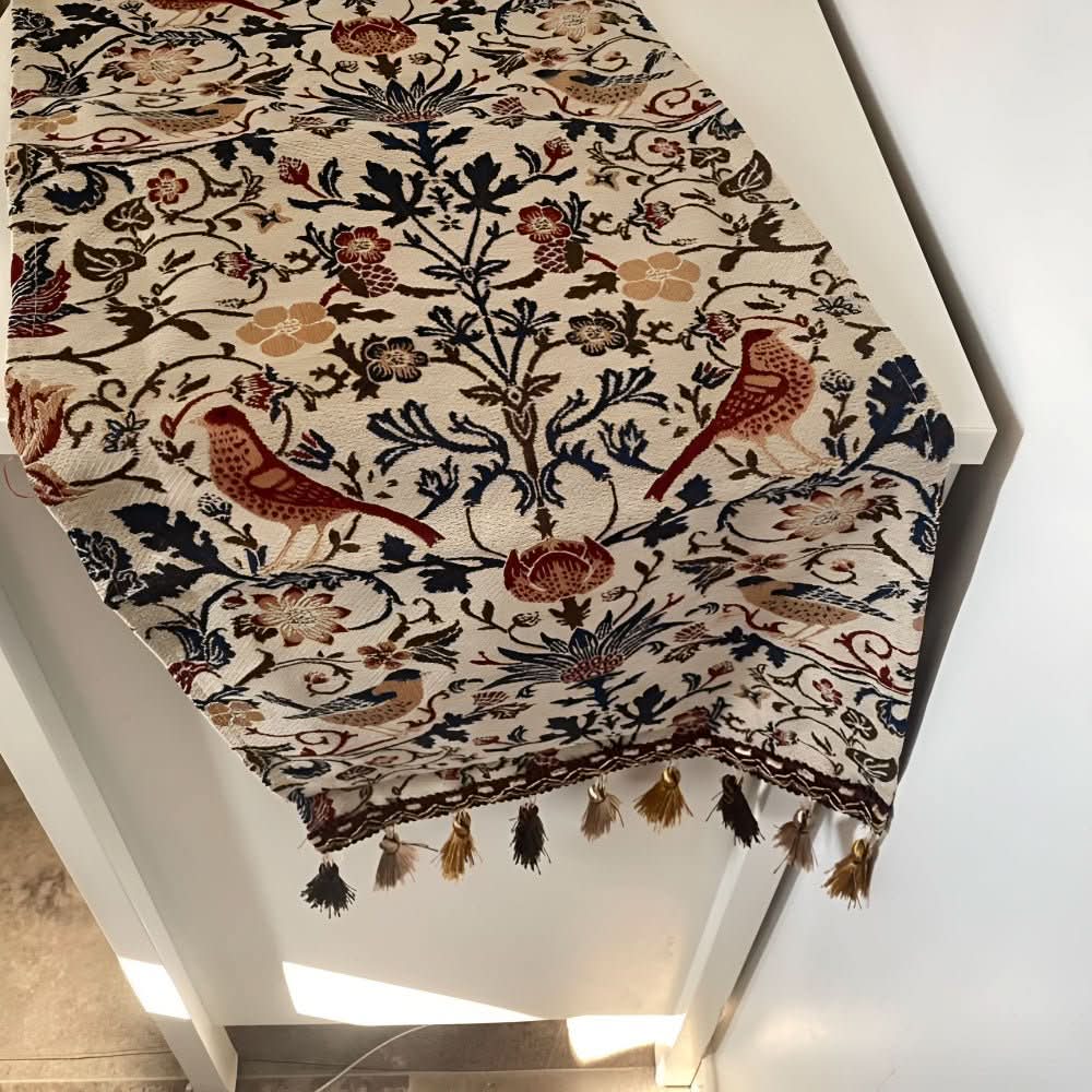 Table Runner Floral Bird Jacquard With Fringed Edges