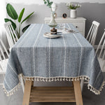 Tablecloth Striped Cotton Linen Blend Tassel Fringe Stain-Resistant