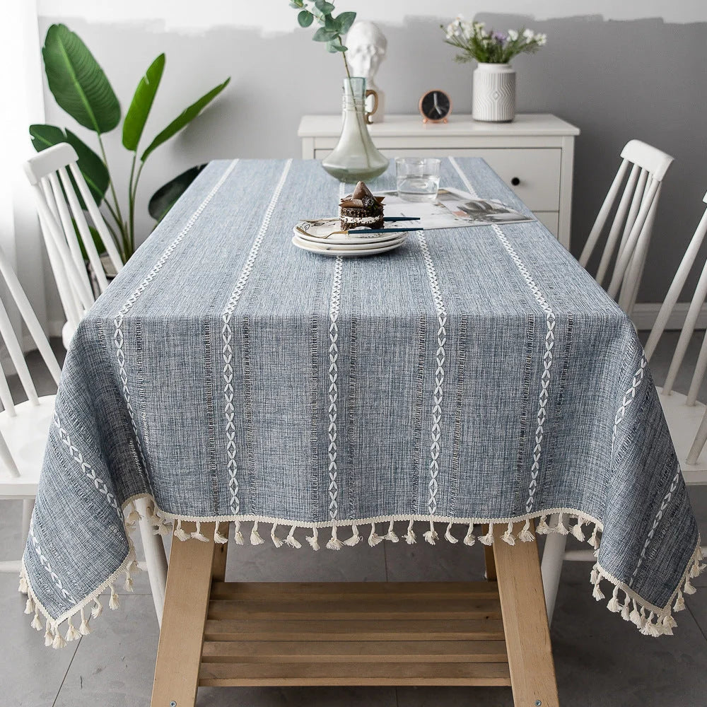 Tablecloth Striped Cotton Linen Blend Tassel Fringe Stain-Resistant