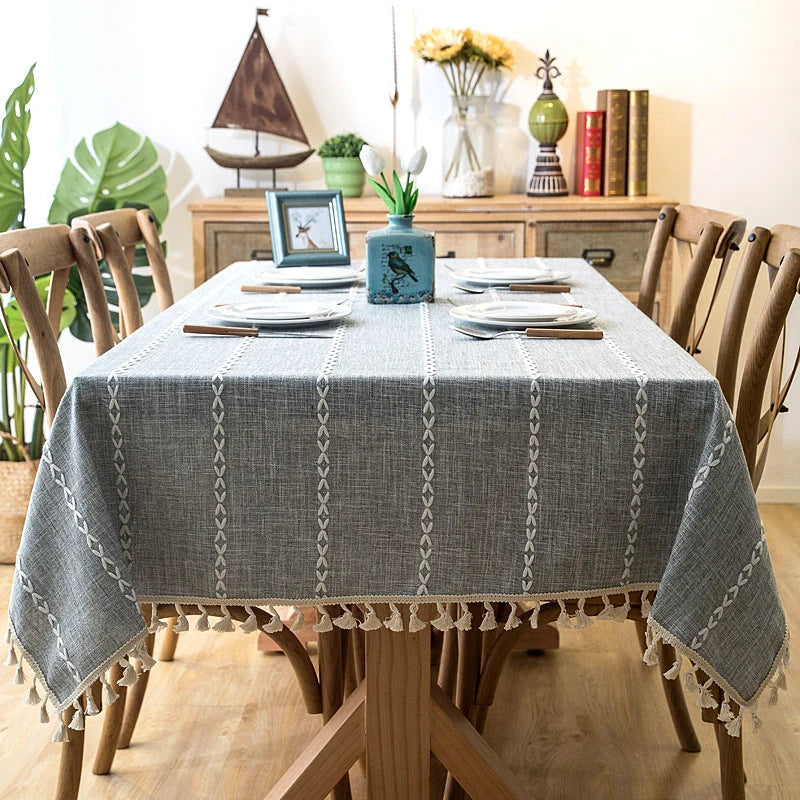 Tablecloth Striped Cotton Linen Blend Tassel Fringe Stain-Resistant