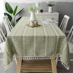 Tablecloth Striped Cotton Linen Blend Tassel Fringe Stain-Resistant