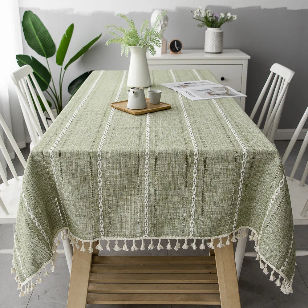 Tablecloth Striped Cotton Linen Blend Tassel Fringe Stain-Resistant