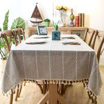 Tablecloth Striped Cotton Linen Blend Tassel Fringe Stain-Resistant