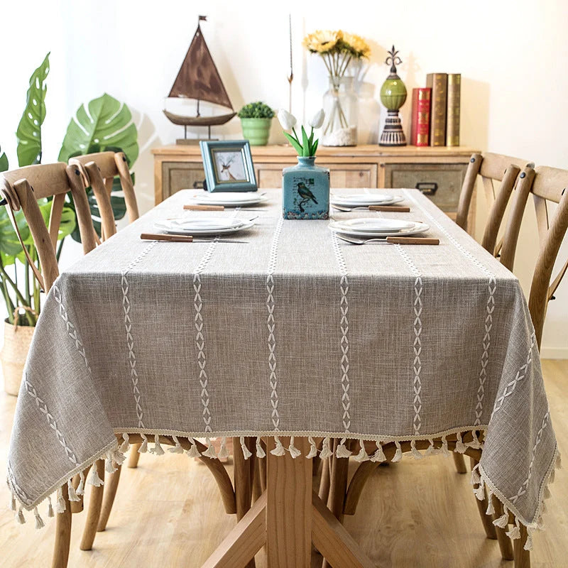 Tablecloth Striped Cotton Linen Blend Tassel Fringe Stain-Resistant