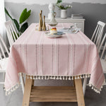 Tablecloth Striped Cotton Linen Blend Tassel Fringe Stain-Resistant