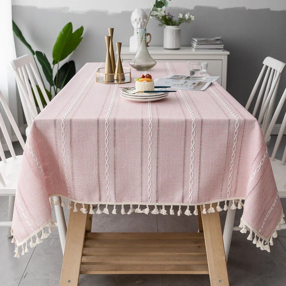 Tablecloth Striped Cotton Linen Blend Tassel Fringe Stain-Resistant