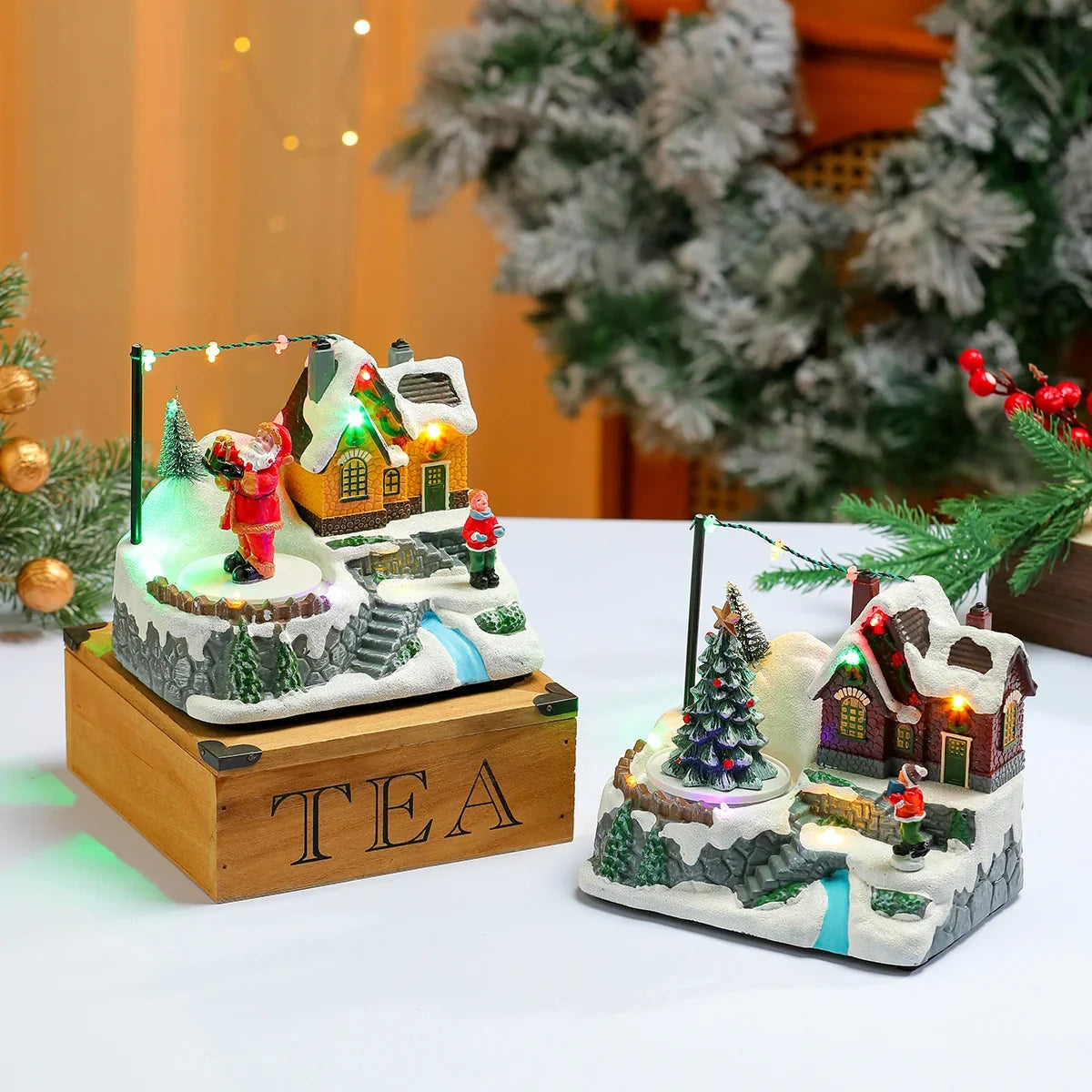Tabletop Christmas Cottage LED Rotating Plug-In
