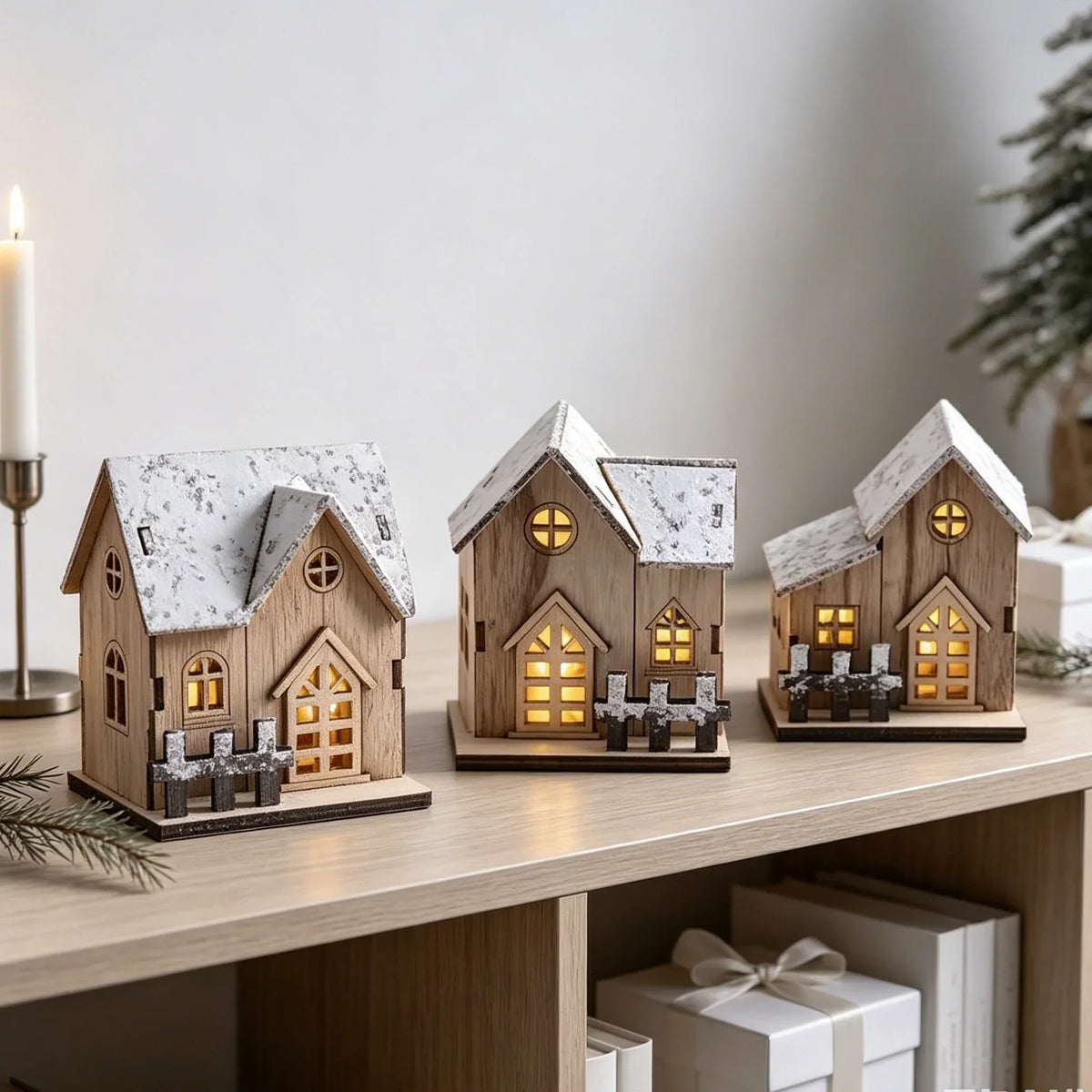 Tabletop Christmas House Illuminated Snow-Effect Durable Wood