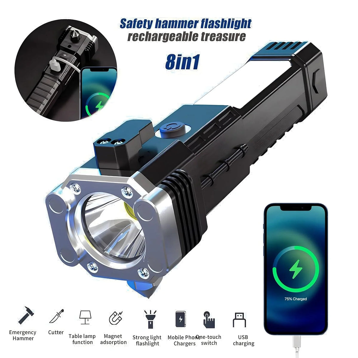 Tactical Flashlight 9000 Lumens Adjustable Focus USB Power Bank