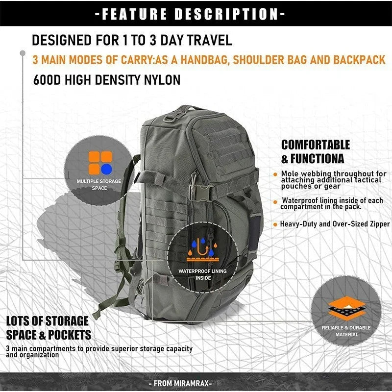 Tactical Travel Bag Weather-Resistant Multiple Pockets Padded Handles