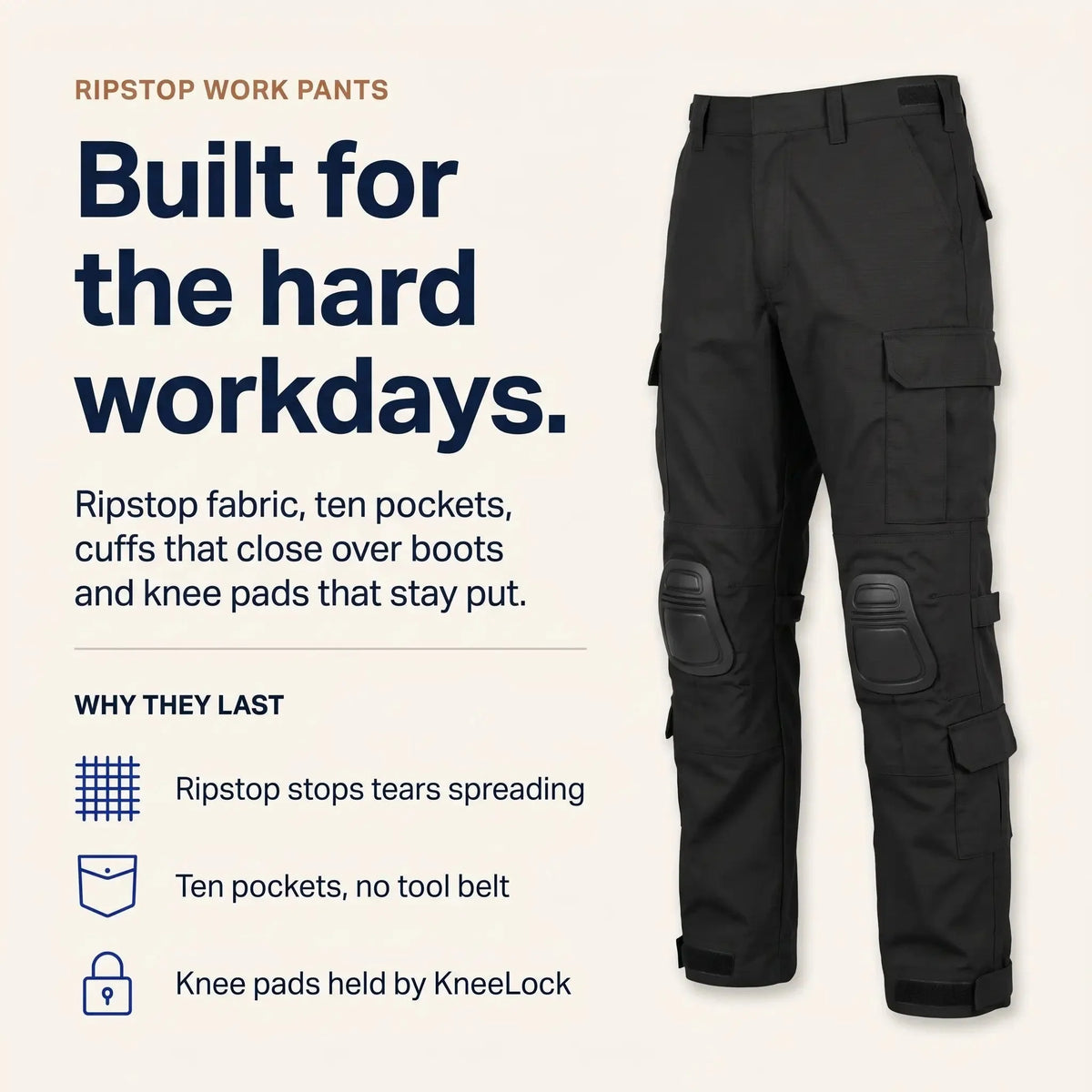 Tactical Work Pants 10 Pockets Reinforced Knees Removable Knee Pads
