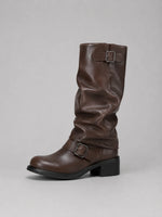 Tall Boots Motorcycle Style Adjustable Buckles Low Heel