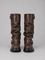 Tall Boots Motorcycle Style Adjustable Buckles Low Heel