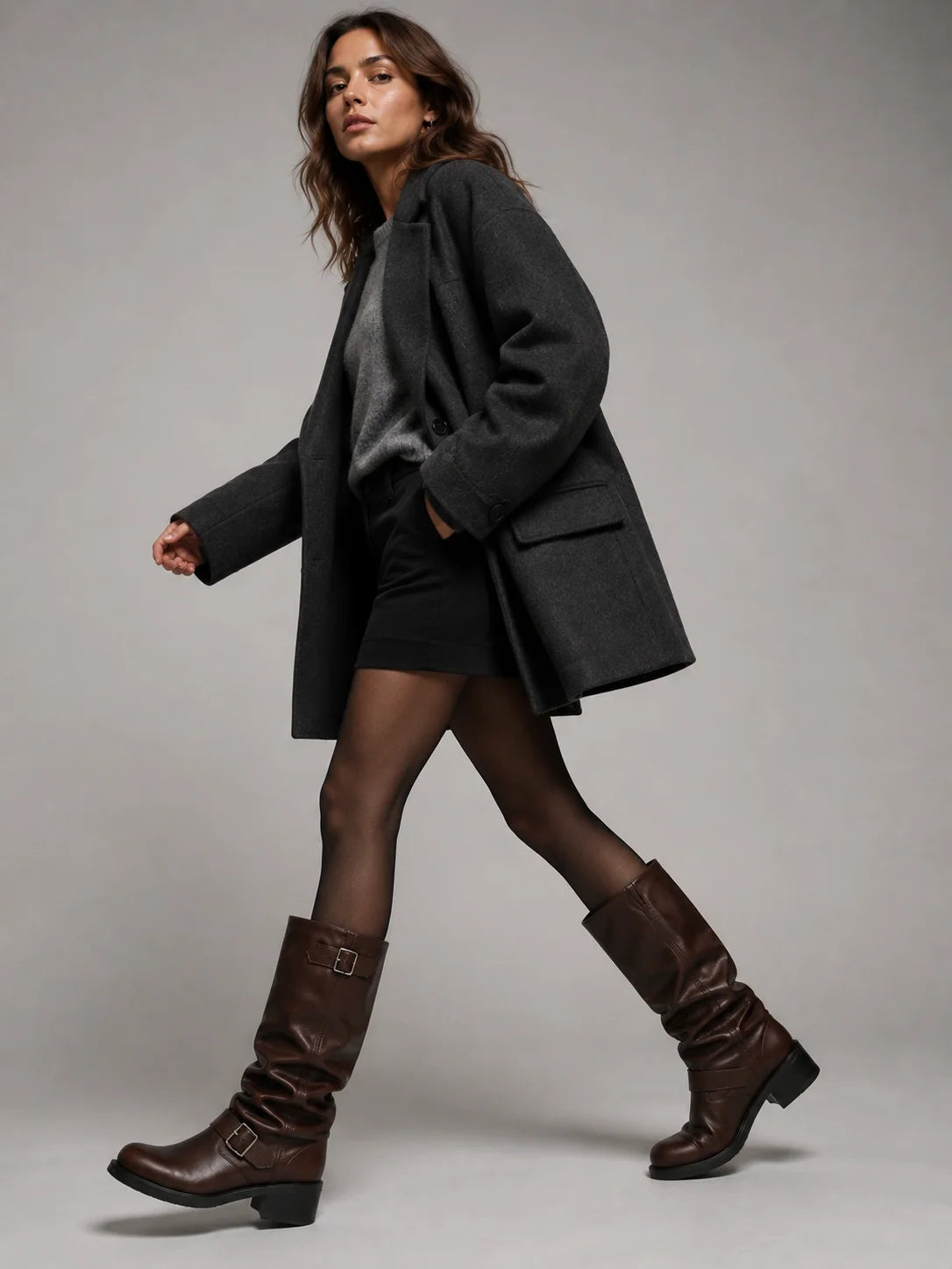 Tall Boots Motorcycle Style Adjustable Buckles Low Heel