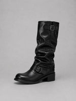 Tall Boots Motorcycle Style Adjustable Buckles Low Heel