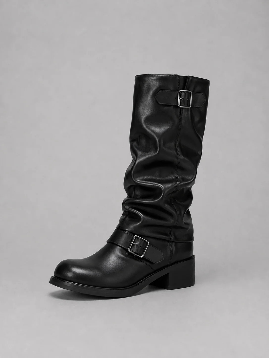 Tall Boots Motorcycle Style Adjustable Buckles Low Heel